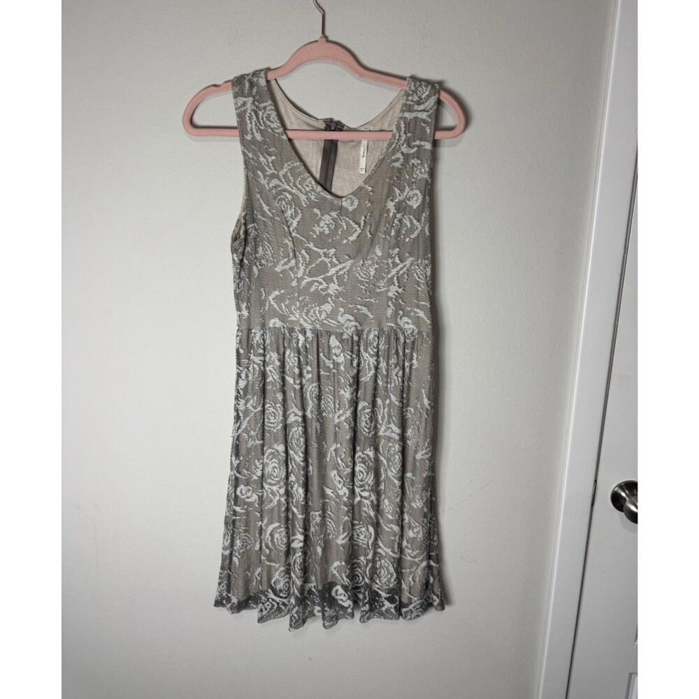Trinity Gray White Floral Knit Fit & Flare Dress V-Neck Sleeveless S